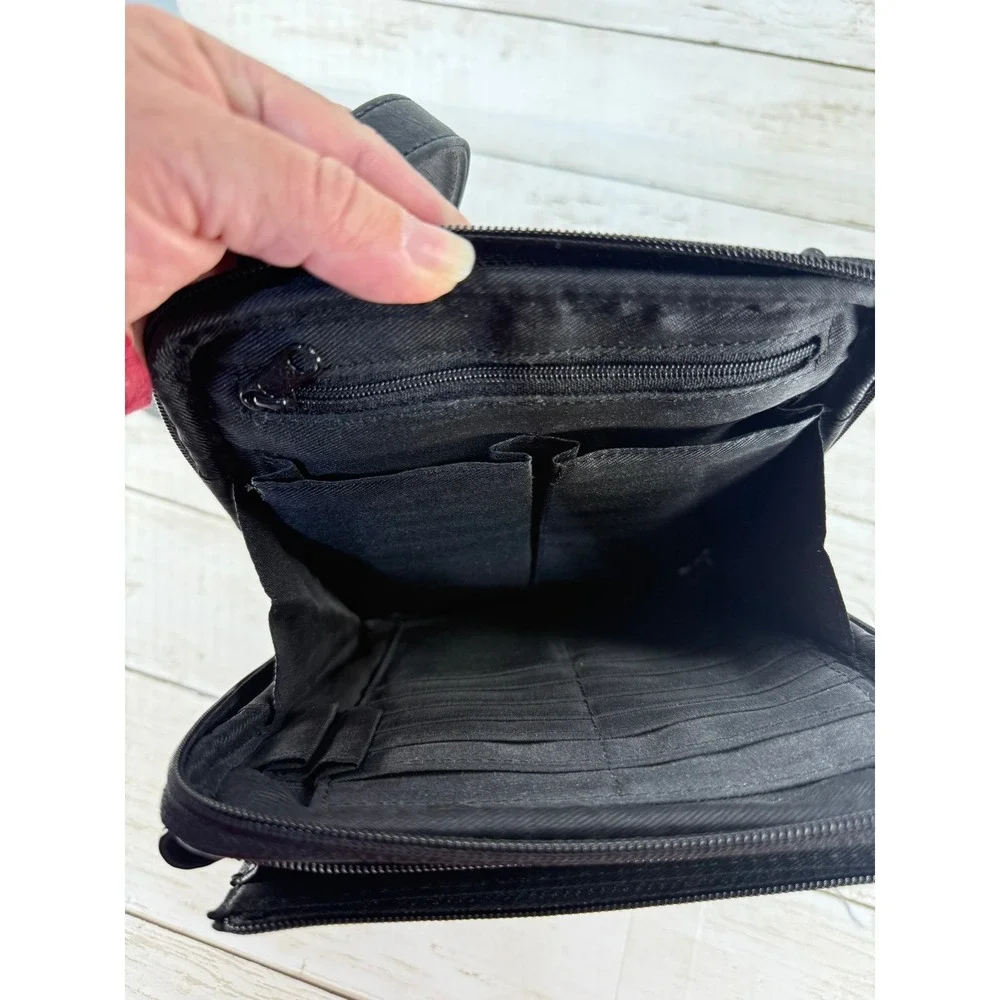 Fossil Black Pebbled Leather‎ Crossbody Organizer Bag Travel Purse Multi-Pocket